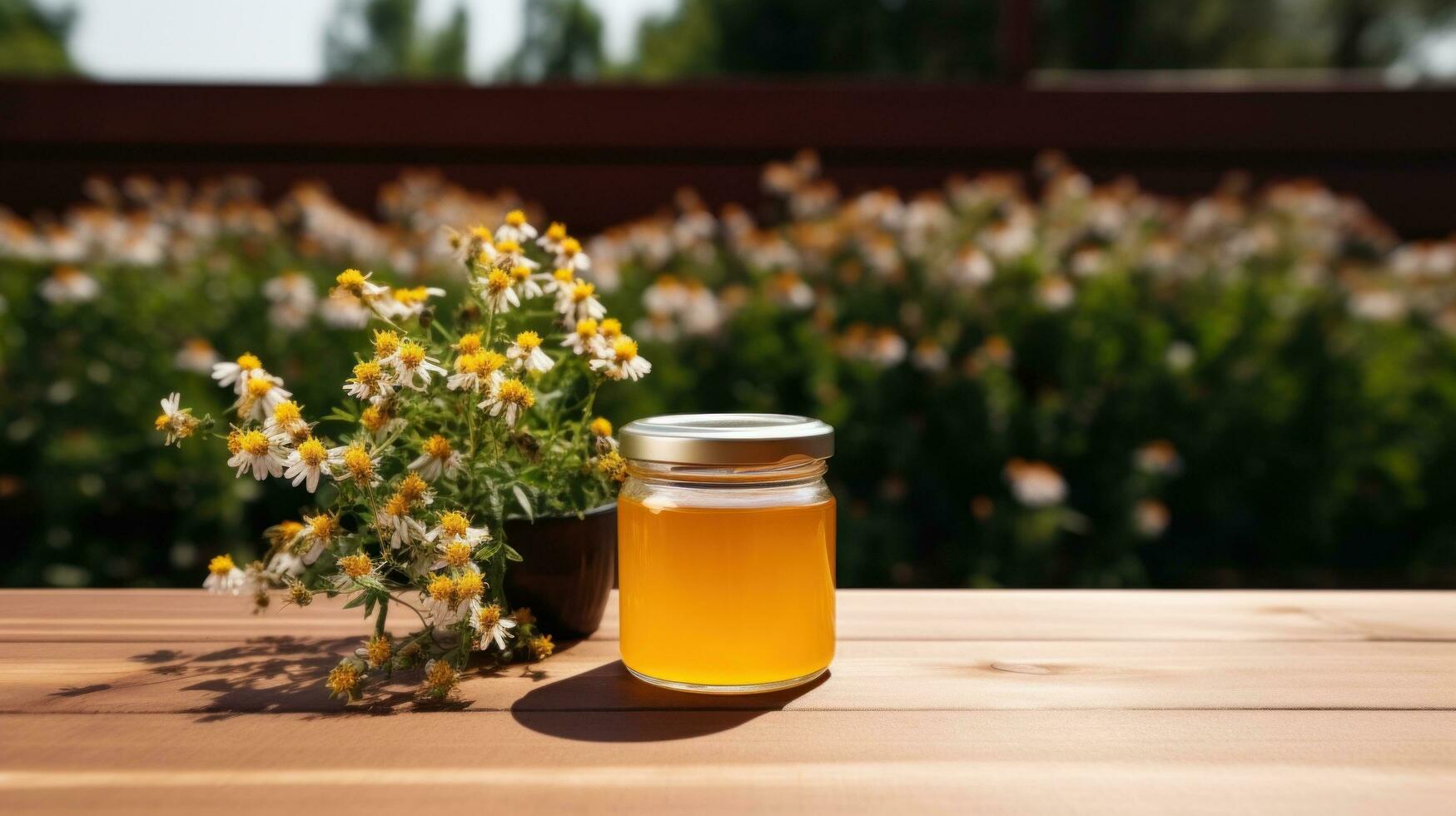AI generated jar of honey with blank front realistic on a mockup template in a wooden table in a summer garden with bee, photo