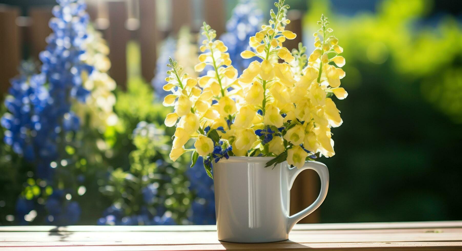 AI generated a yellow mug full of delphiniums outside in the sunlight, photo