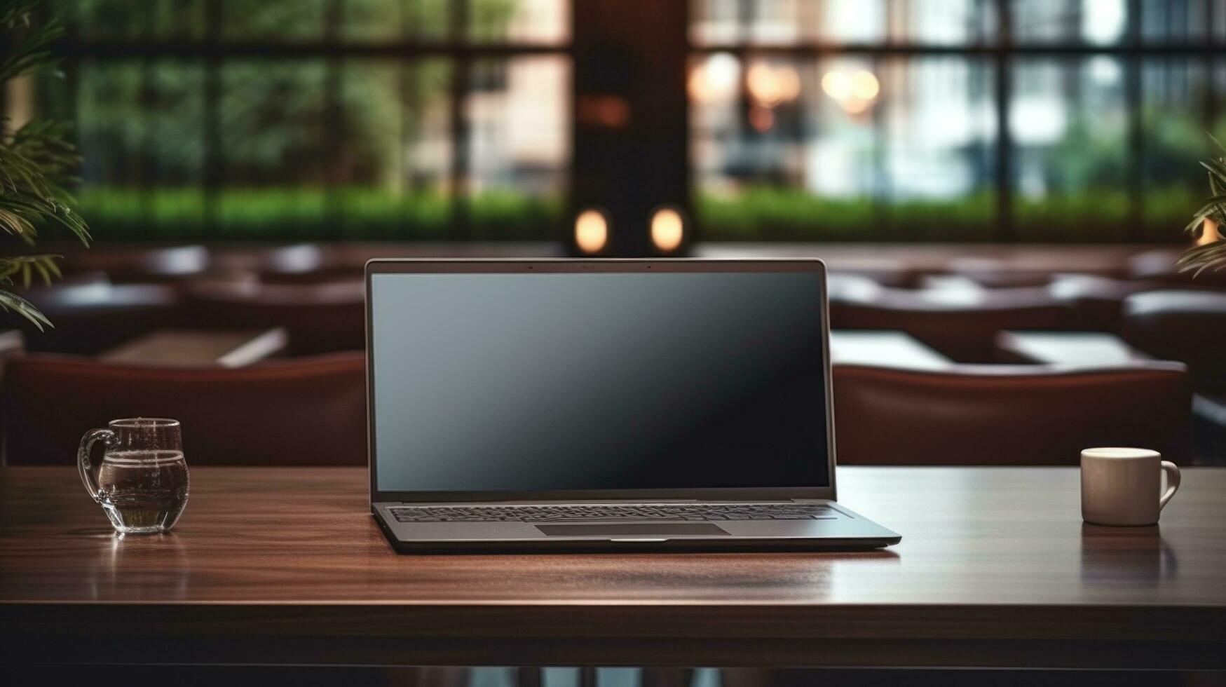 ai generado ordenador portátil con blanco frente, realista en un Bosquejo modelo en un mesa en un lujo oficina, foto