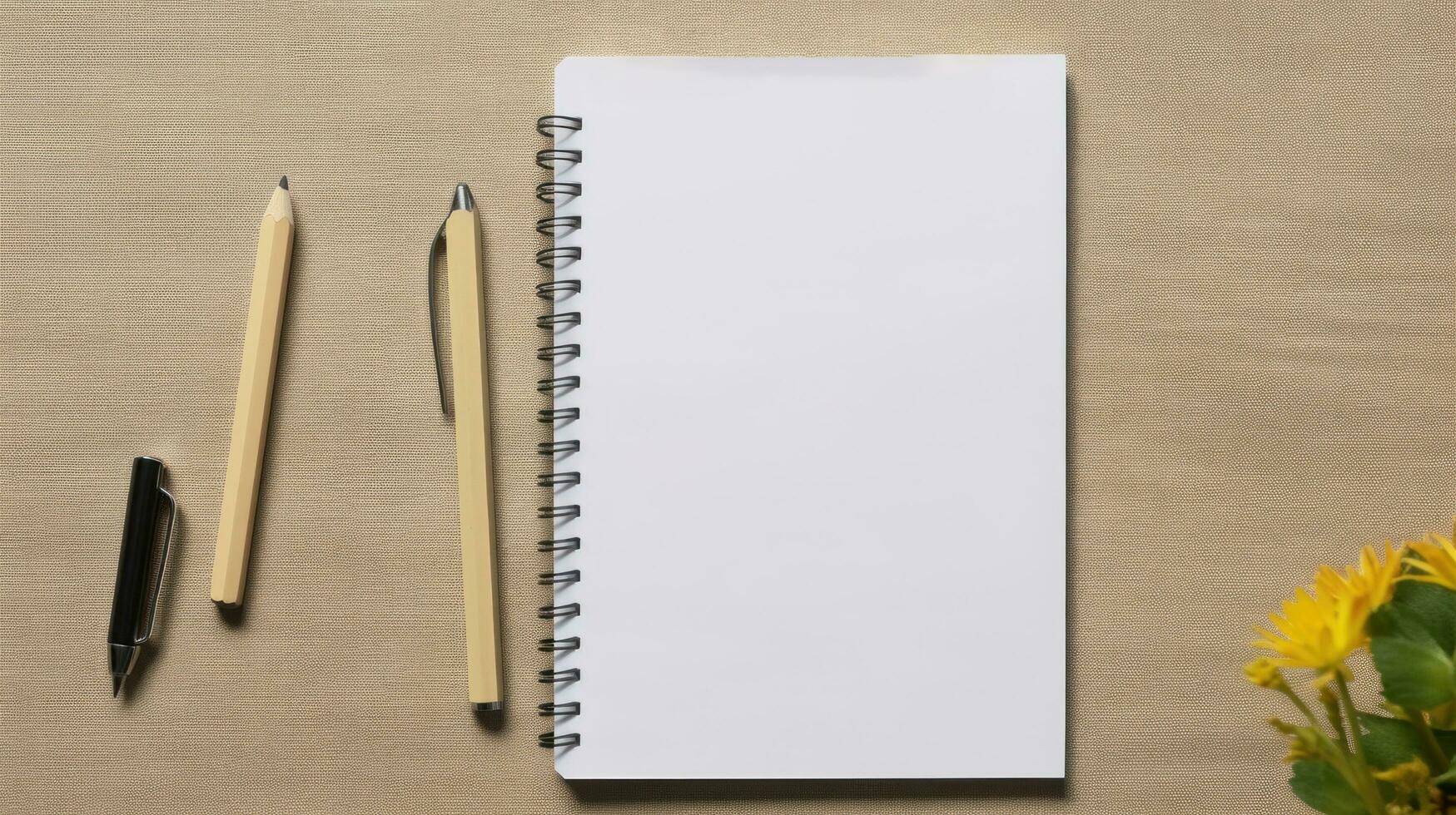 AI generated Notepad with blank front, realistic on a mockup template in a desk in a modern office, photo