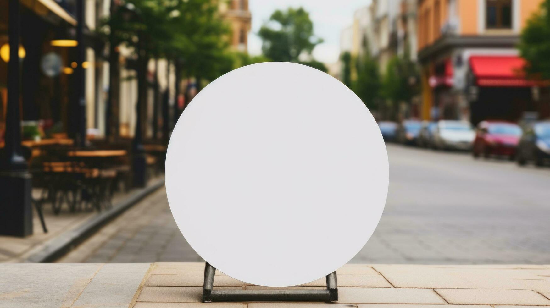 AI generated white minimal circular shop signboard with blank front on a mockup template in a street in a summer city , photo