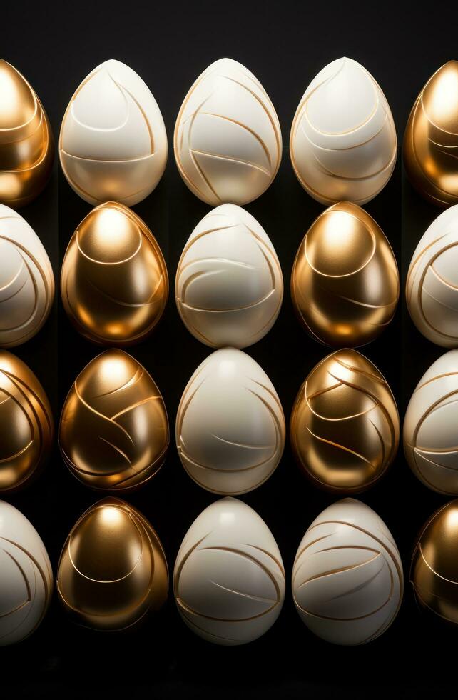 AI generated several gold striped easter eggs on the table with white background, photo