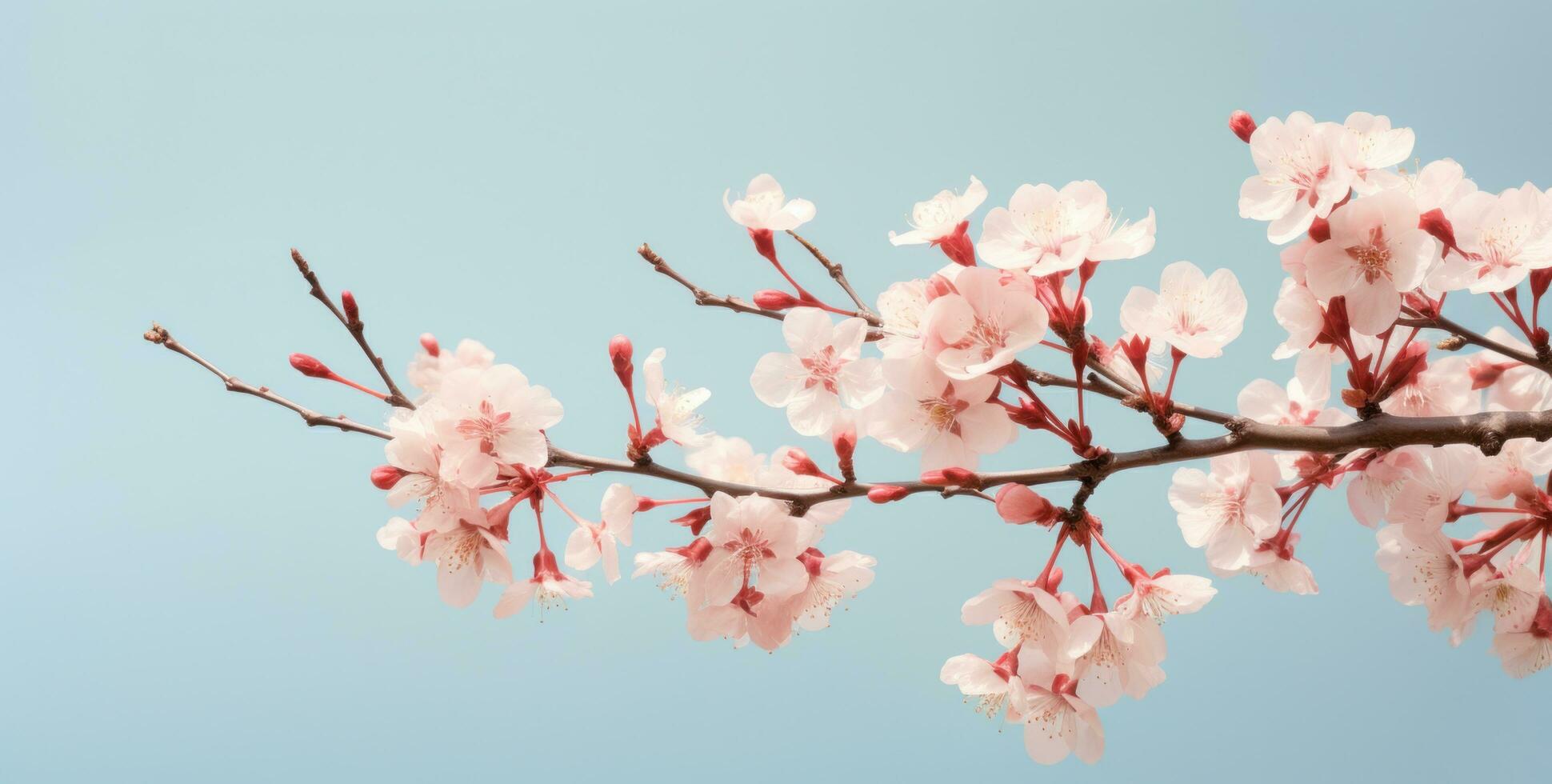 AI generated spring flowers and buds on a cherry tree against a sky blue background, photo