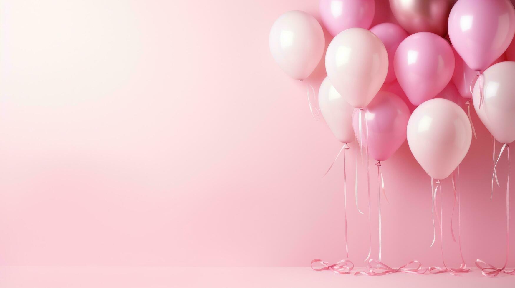 AI generated minimalist wallpaper, balloons, large copyspace area, pastel pink background, offcenter composition photo