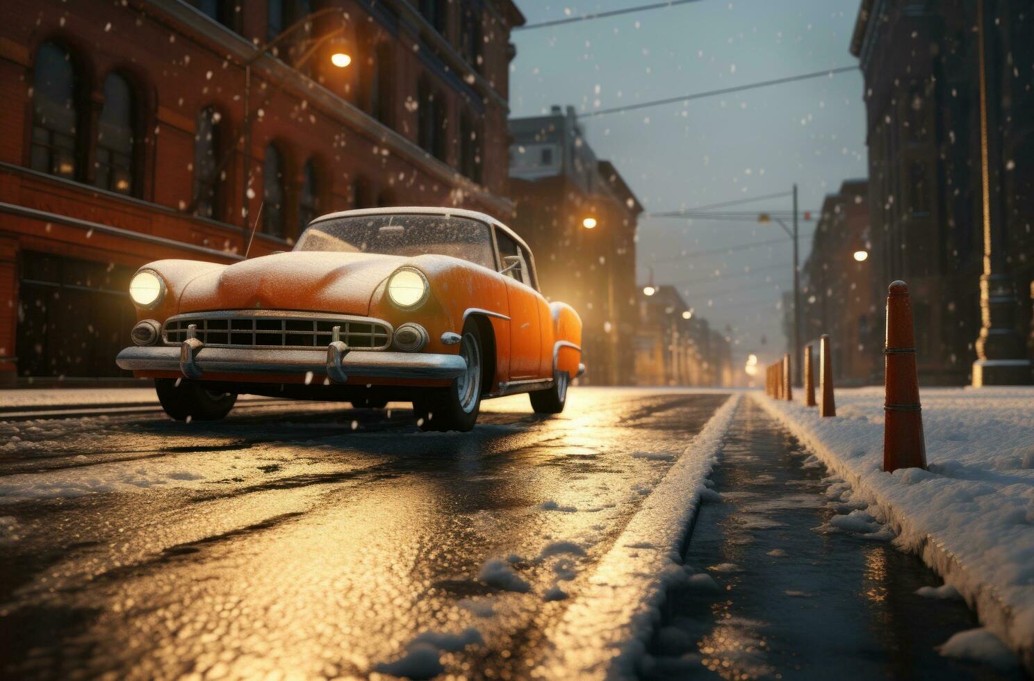 AI generated image of automobile driving a snowy street, photo