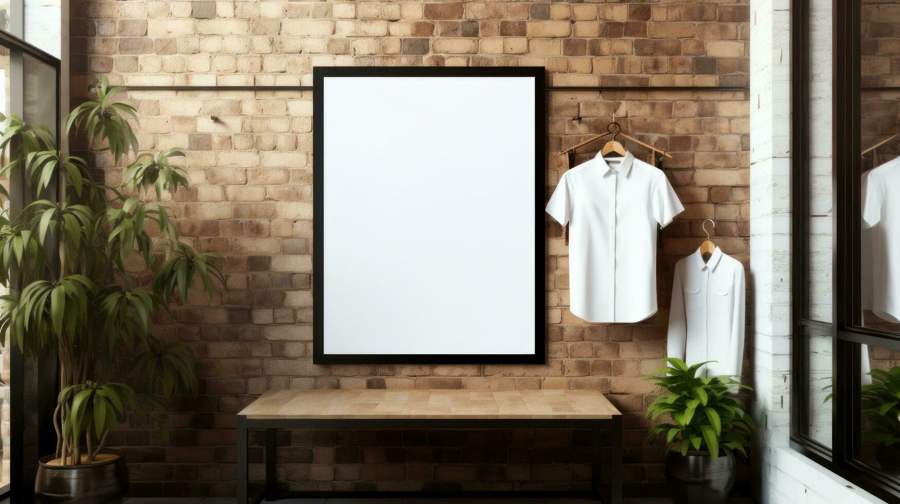 AI generated poster image with blank front ealistic on a mockup template in a brick wall in a luxury modern clothing shop, photo