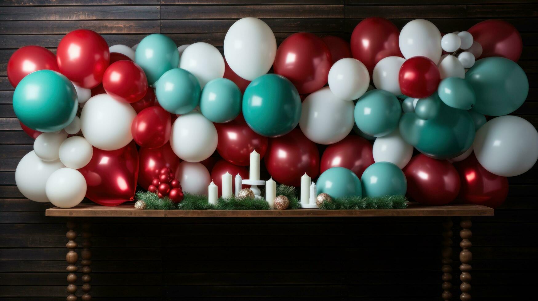AI generated simple yet stylish balloon backdrop in shades of red, green, and white photo