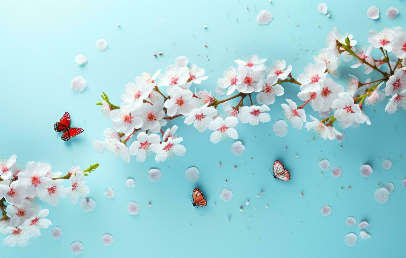 AI generated colorful cherry blossoms flowers pink and blue butterfly on blue background, photo
