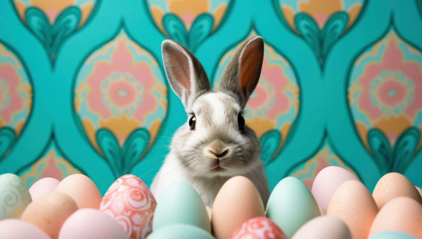 AI generated a white rabbit is among eggs on a bright blue background, photo