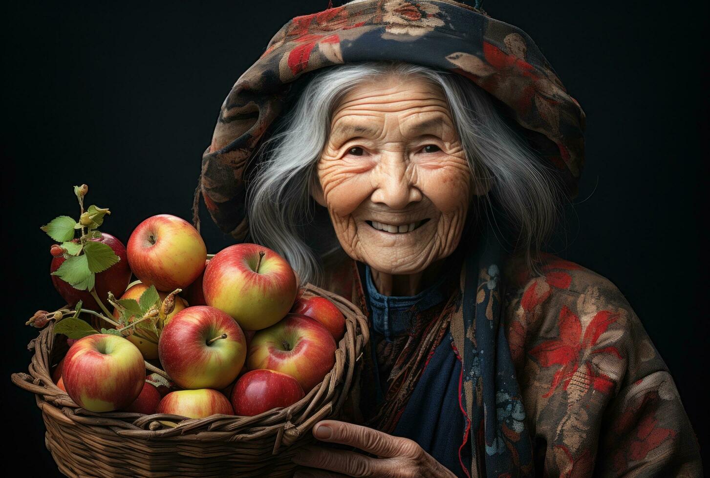 AI generated an elderly woman smiling with a basket full of apples, photo