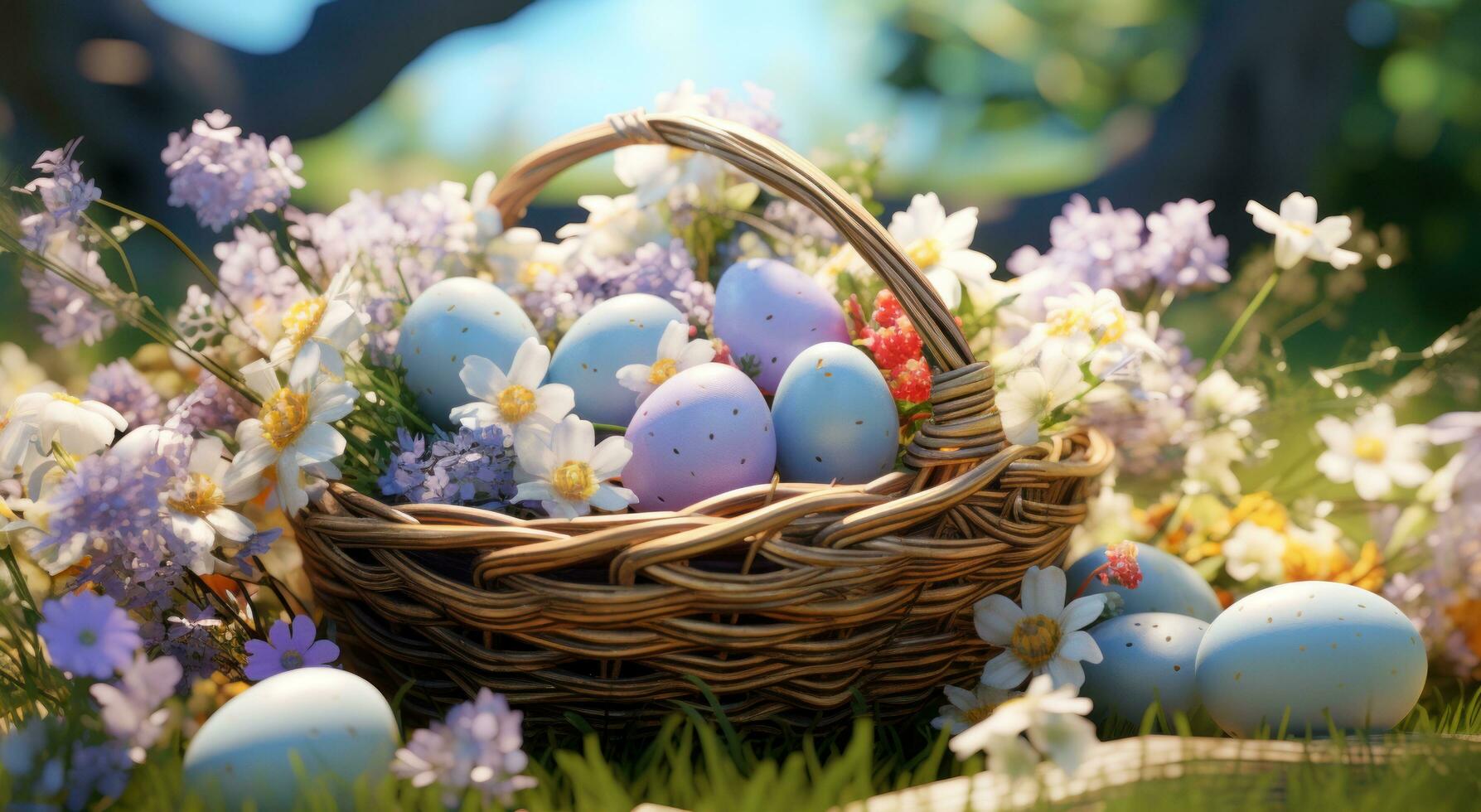AI generated a basket filled with easter eggs with flowers in the grass, photo