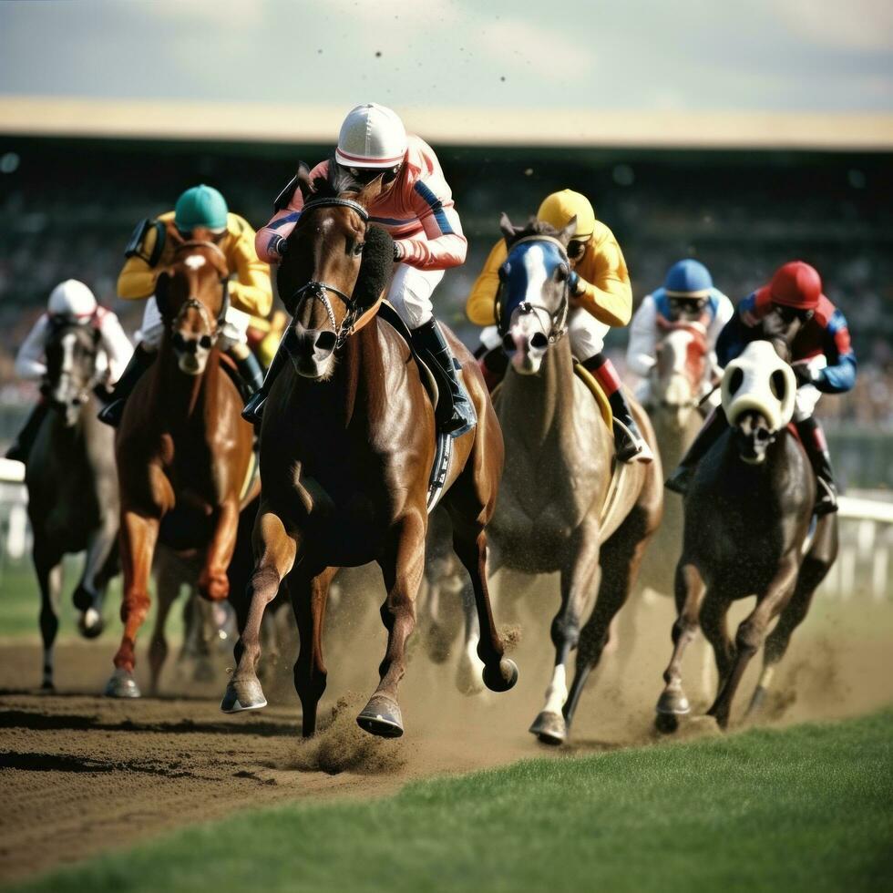 AI generated A thrilling shot of jockeys and their horses thundering past the finish line at a racetrack photo