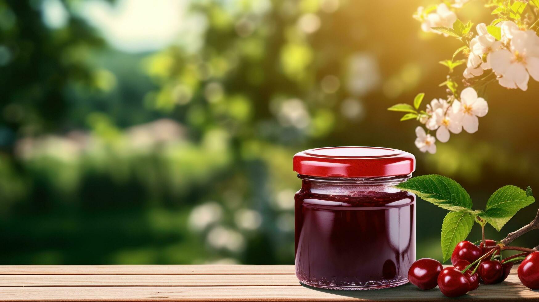 AI generated jar of cherry jam with blank front realistic on a mockup template in a wooden table in a summer garden photo