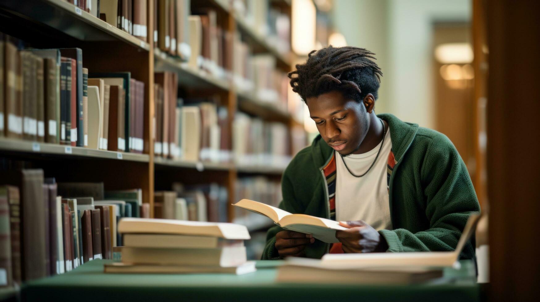 AI generated A student sitting in a library, surrounded by books and reading intently photo