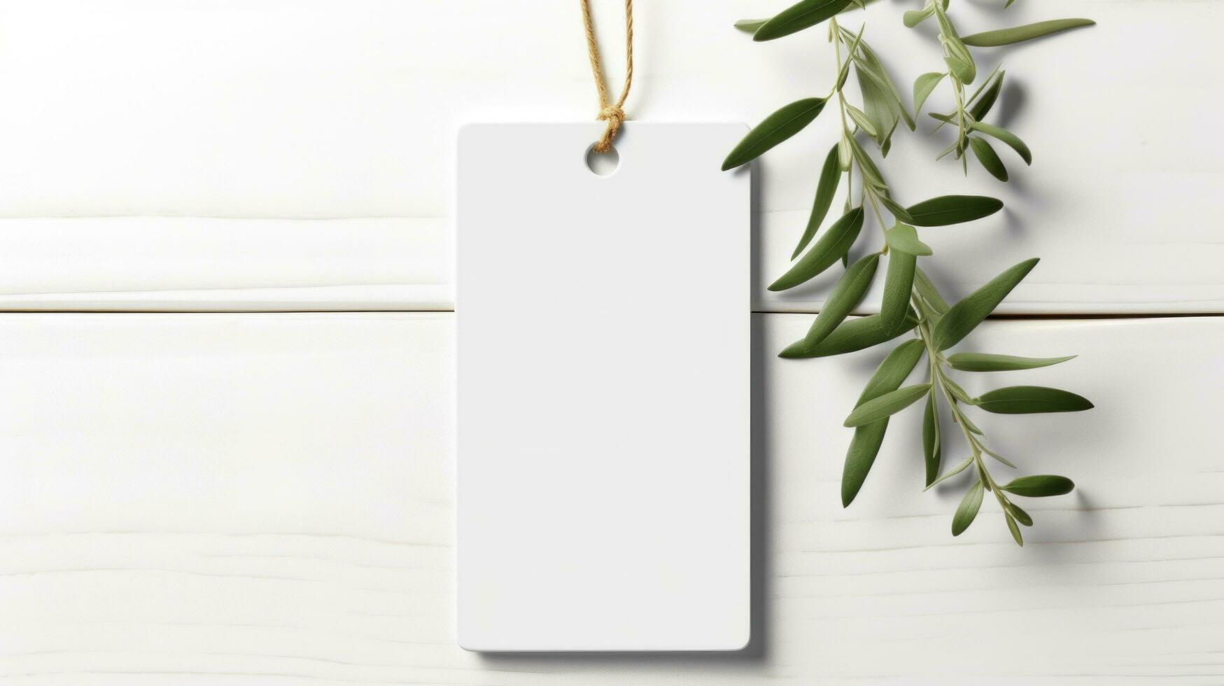 AI generated white blank tag with blank front realistic on a mockup template in a white wooden table with olive leaf branch photo