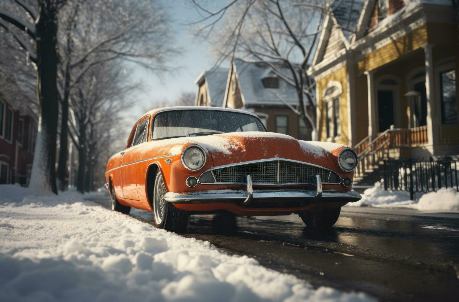 ai generado un naranja coche en un nieve cubierto calle, foto