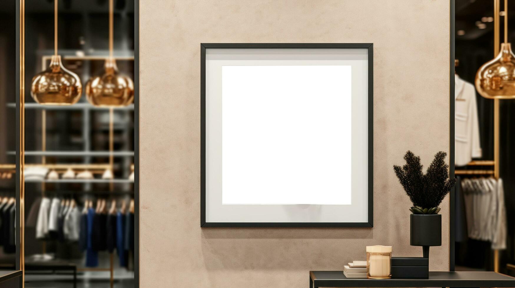 AI generated poster image with blank front ealistic on a mockup template in a brick wall in a luxury modern clothing shop, photo