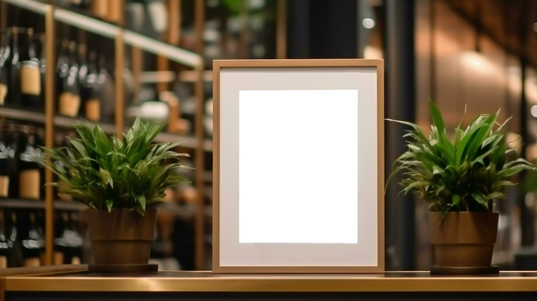 AI generated poster image with blank front ealistic on a mockup template in a brick wall in a luxury modern clothing shop, photo