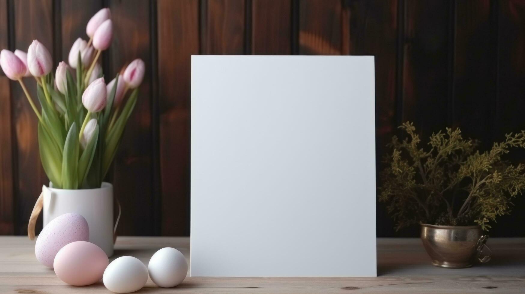 AI generated White greeting card with blank front, realistic on a mockup template in a wooden table in a easter luxuty background in home inside, photo