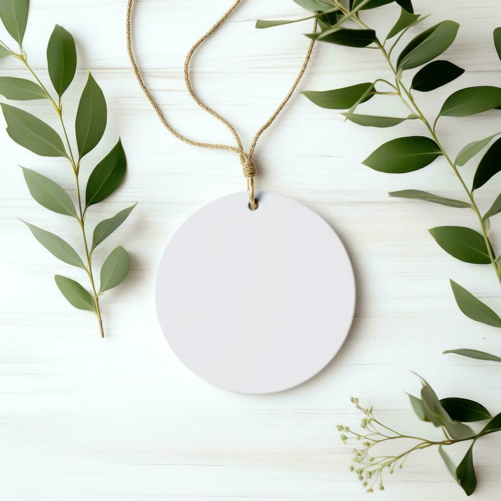 AI generated white blank tag with blank front realistic on a mockup template in a white wooden table with olive leaf branch photo