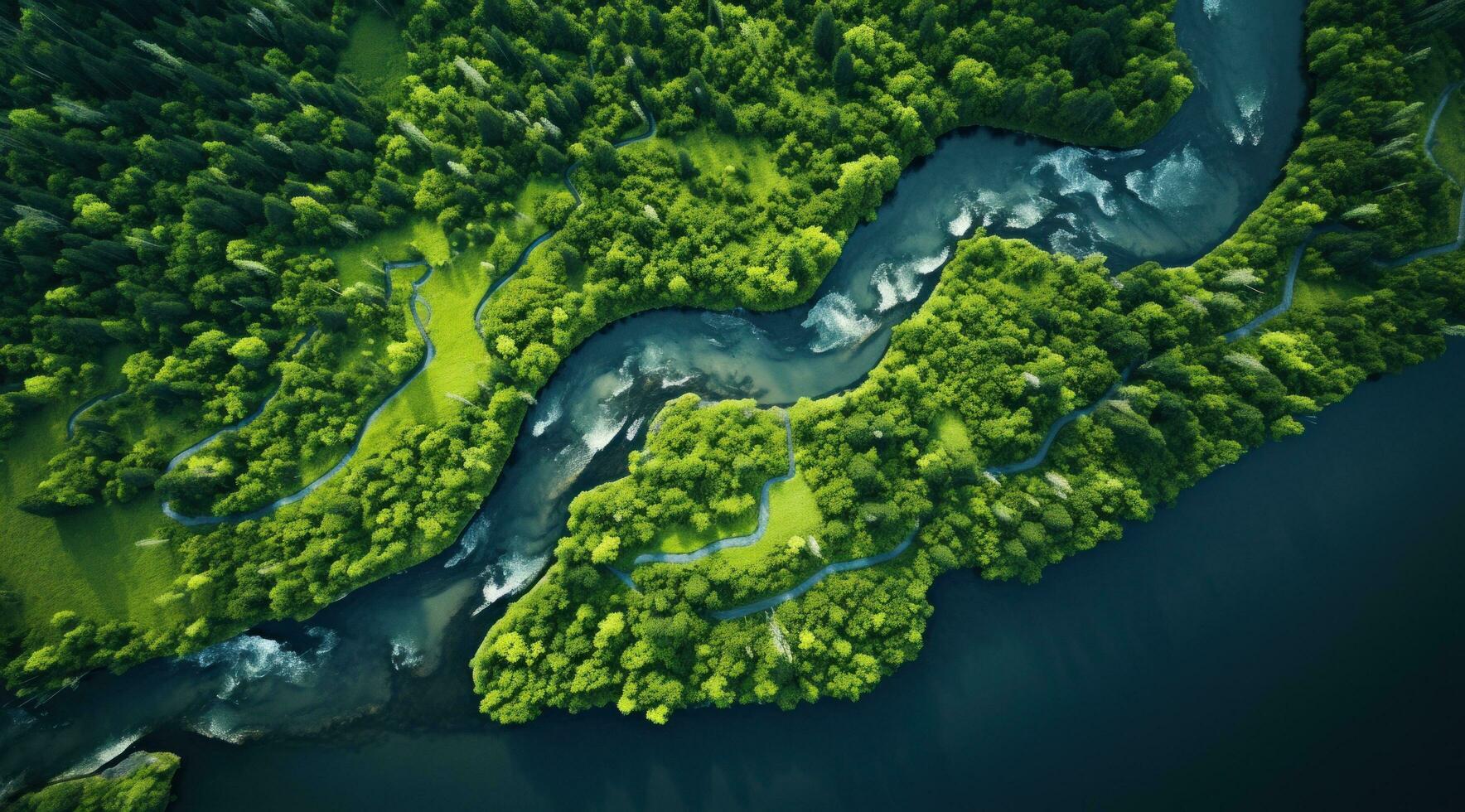 ai generado aéreo ver de un río fluido en medio de un bosque, foto