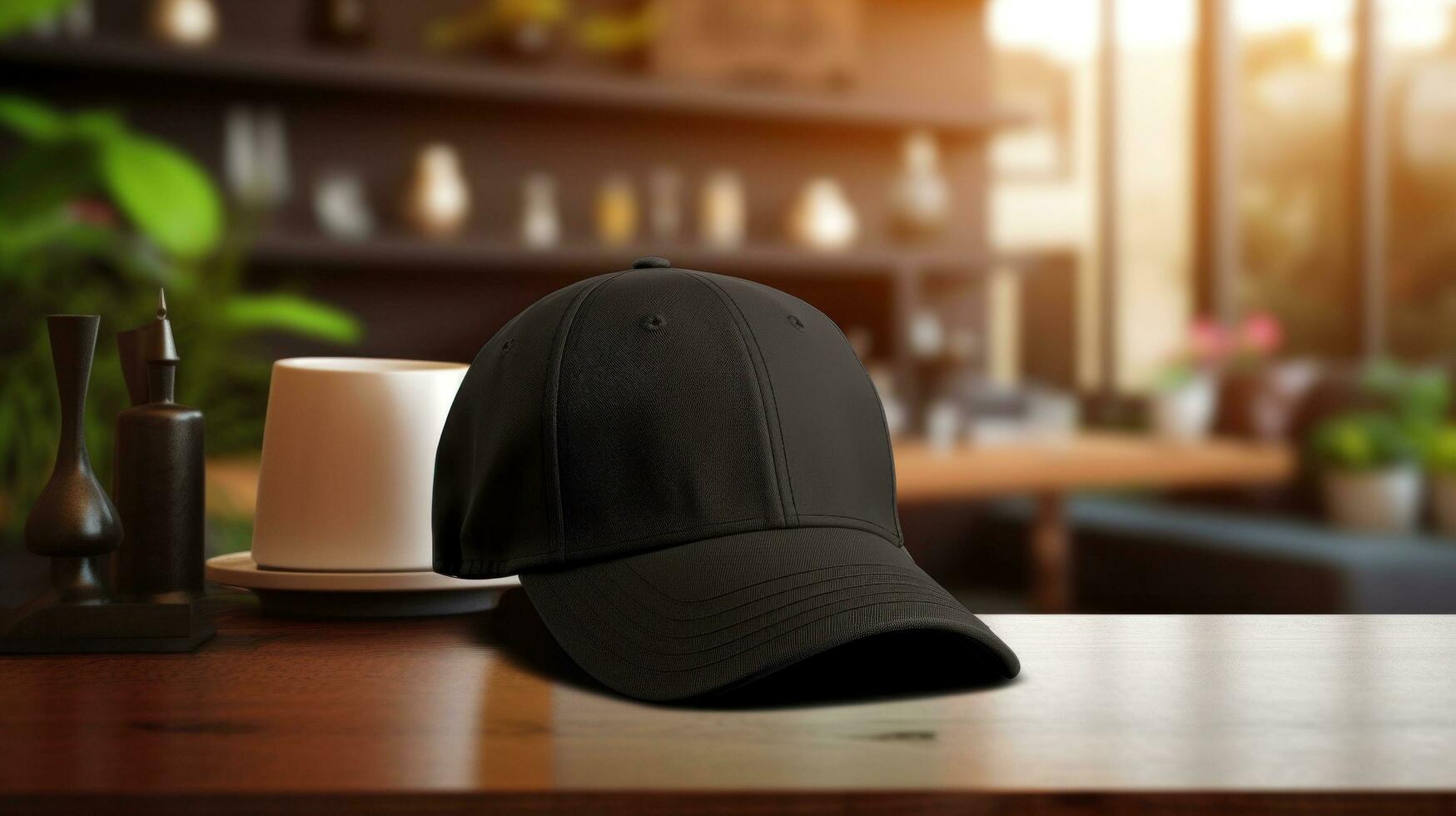 AI generated Cap with blank front, realistic on a mockup template in a table photo