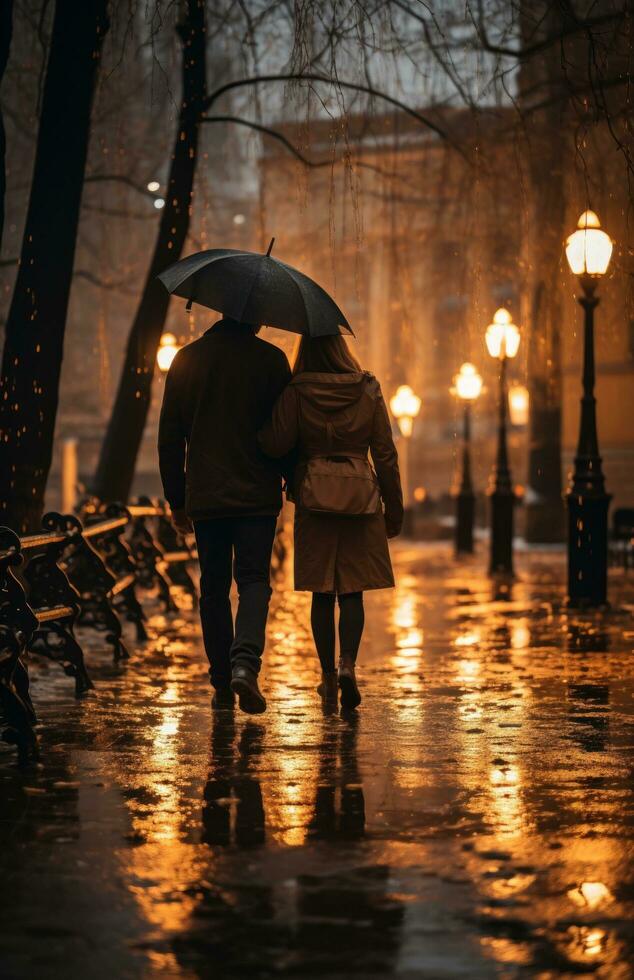 AI generated two people walking down a street with umbrellas, photo