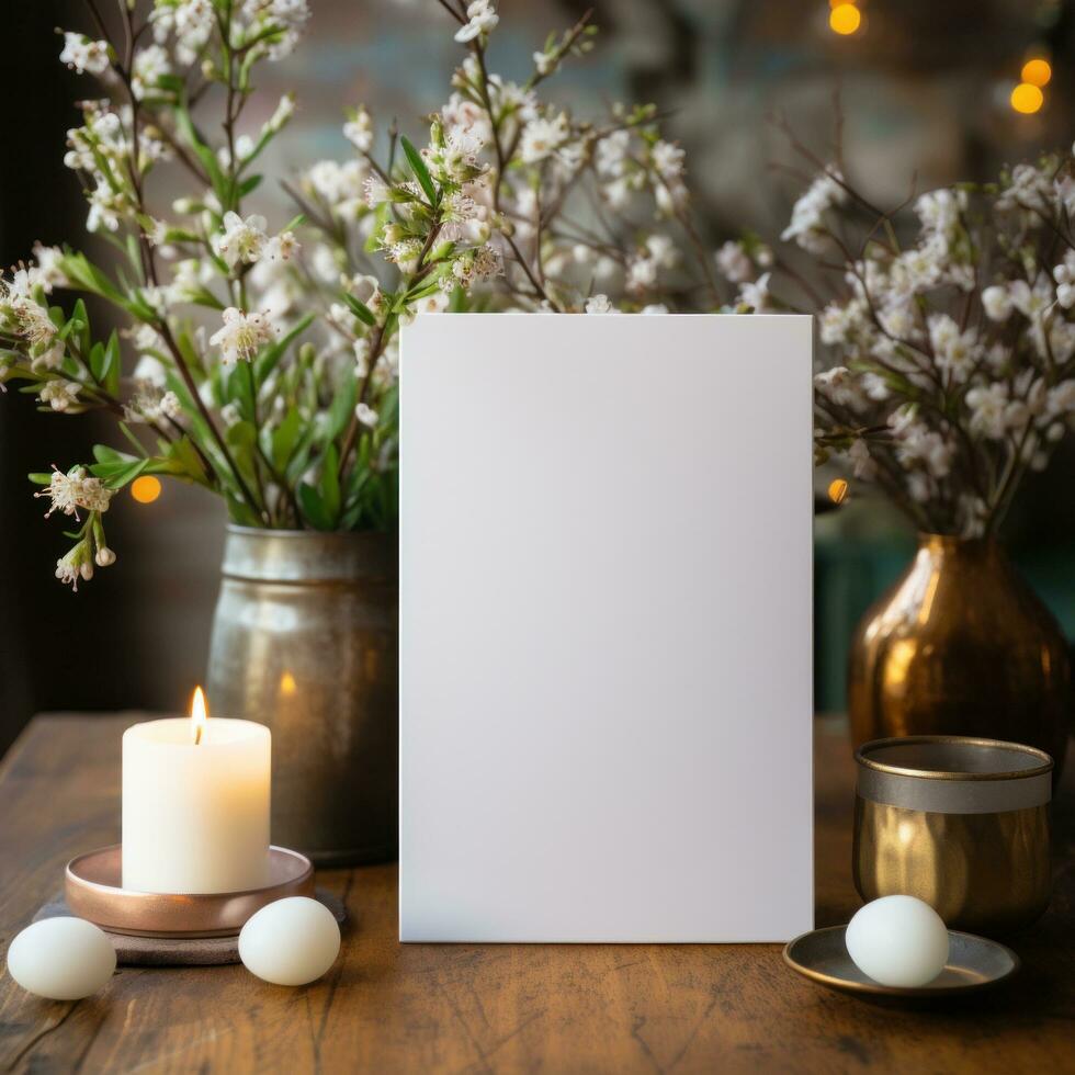 AI generated White greeting card with blank front, realistic on a mockup template in a wooden table in a christmas luxuty background in home inside, photo