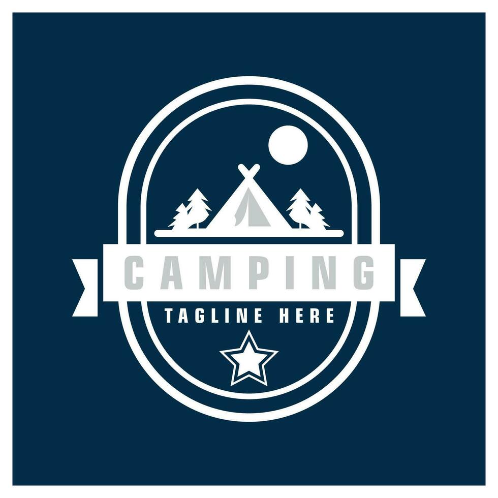 Pine trees and camping tent textured logo design vector
