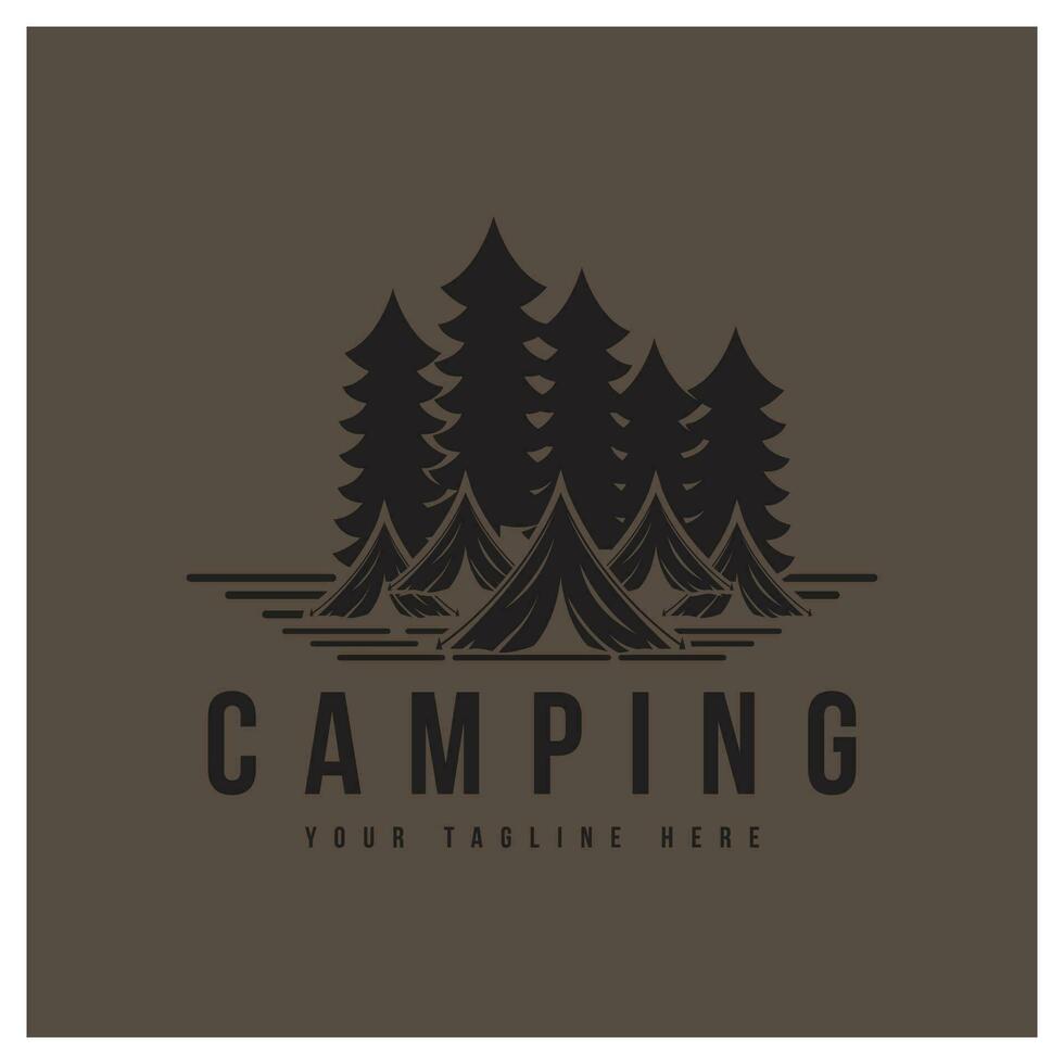 Pine trees and camping tent textured logo design vector