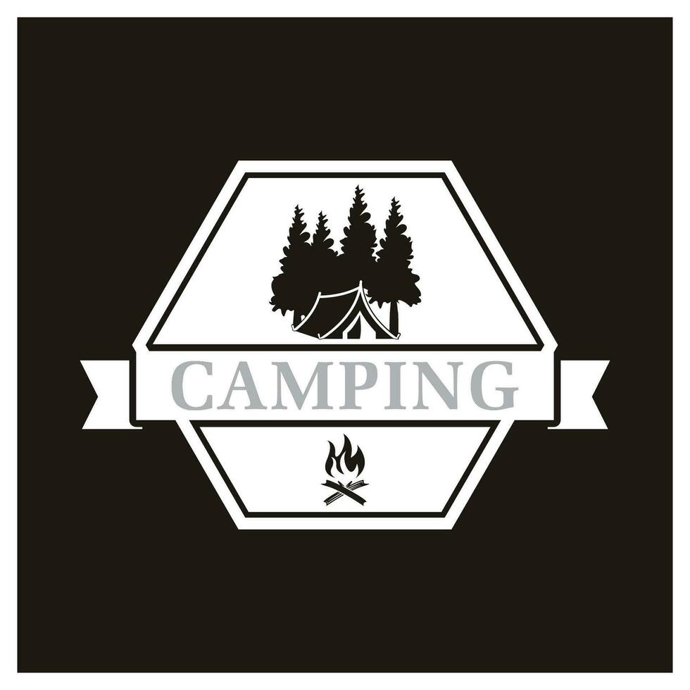 Pine trees and camping tent textured logo design vector