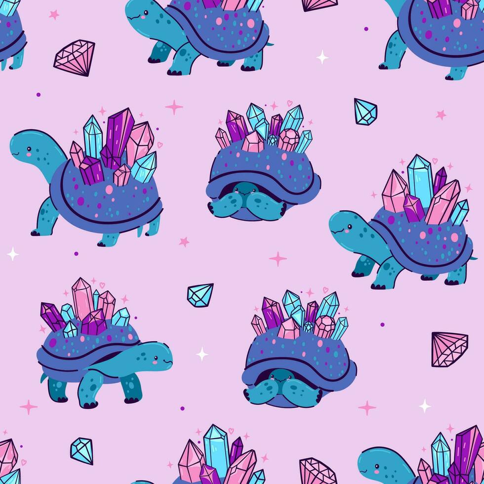 Seamless pattern with cute crystal turtles. Vector graphics.