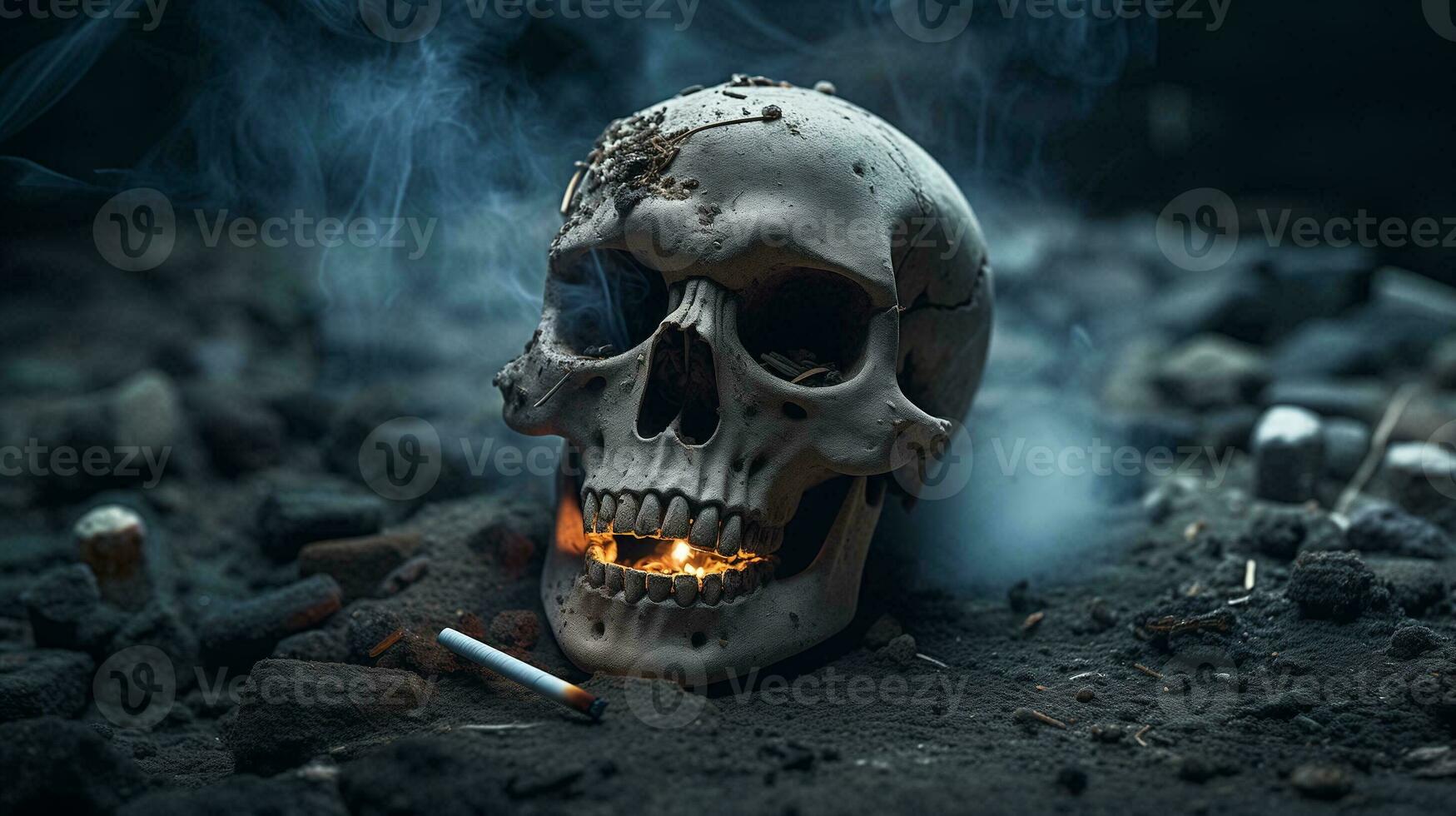 AI generated Smoke kills concept. Skull in ashes. Anti tobacco photo