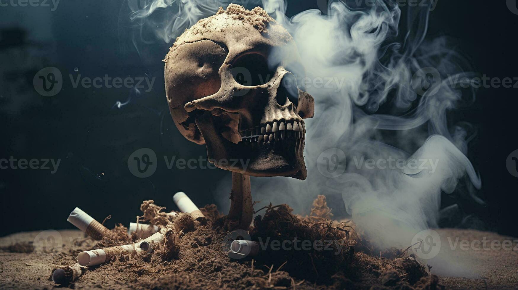 AI generated Smoke kills concept. Skull in ashes. Anti tobacco photo