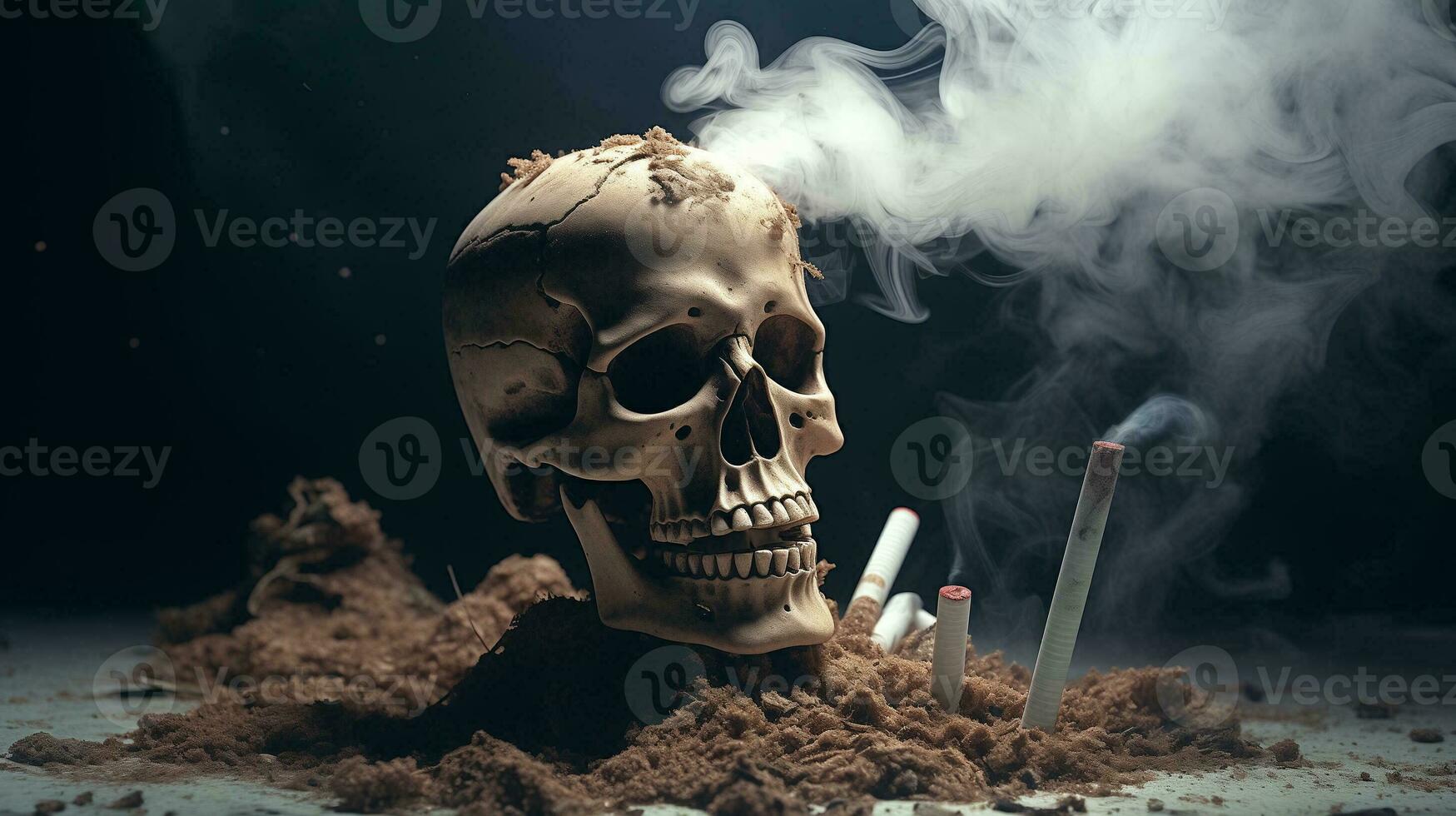 AI generated Smoke kills concept. Skull in ashes. Anti tobacco photo