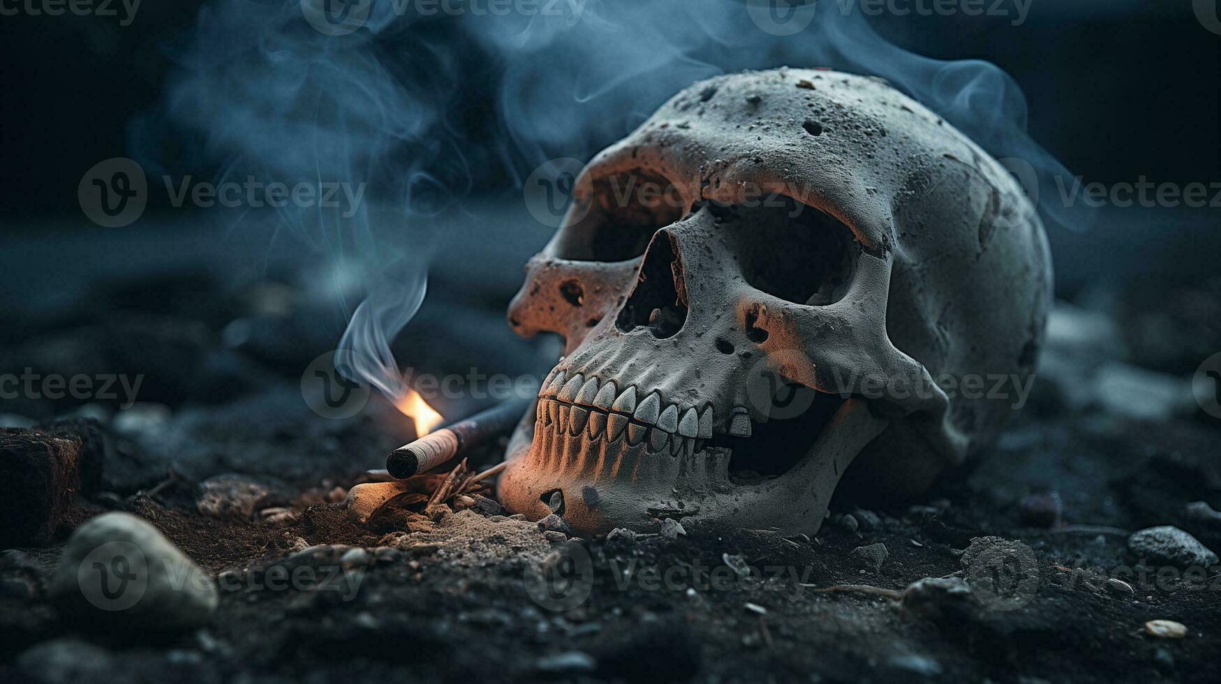 AI generated Smoke kills concept. Skull in ashes. Anti tobacco photo