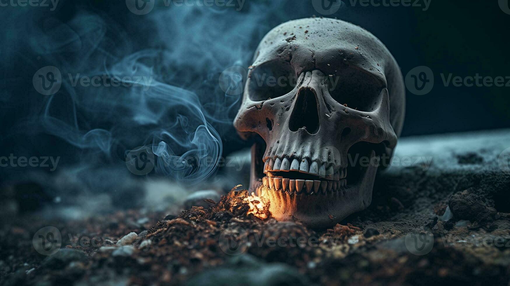 AI generated Smoke kills concept. Skull in ashes. Anti tobacco photo