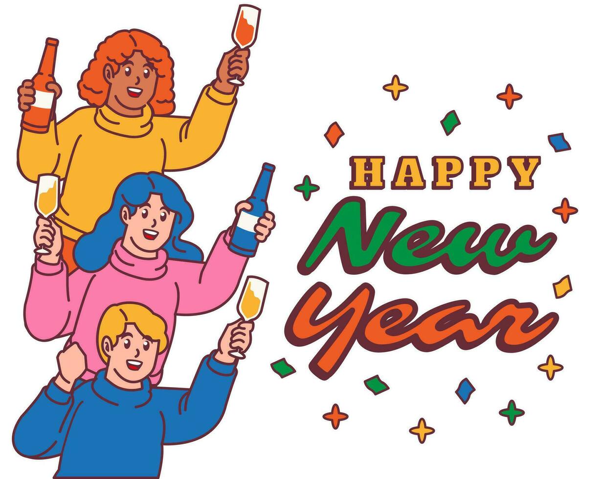 Happy New Year Group of people celebrate with champagne glasses and and having fun vector