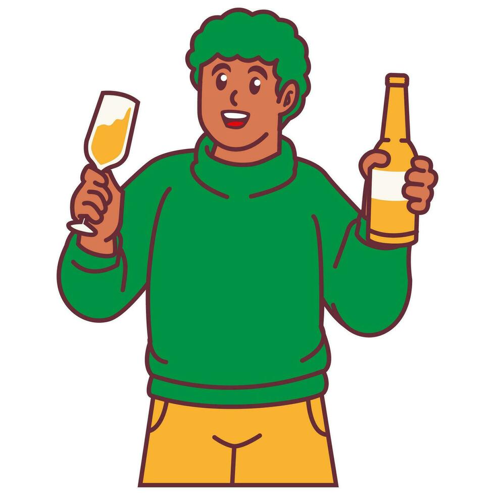 un hombre celebrando fiesta y participación vaso de champán con botellas vector