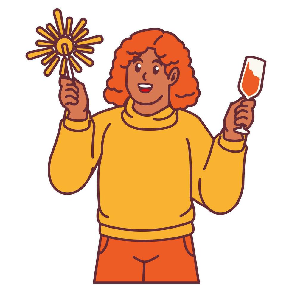 A Woman celebrating party holding fireworks and glass of champagne vector