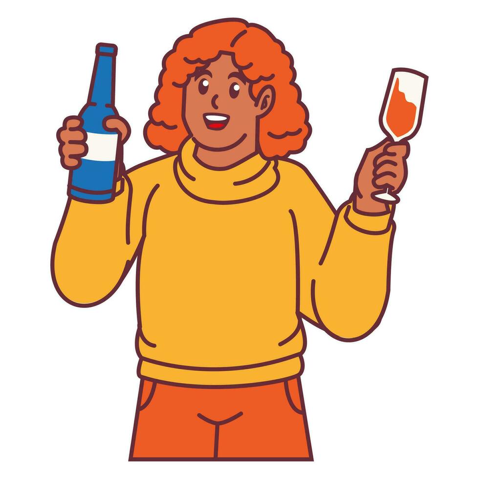 A Woman celebrating party and holding glass of champagne with bottles vector