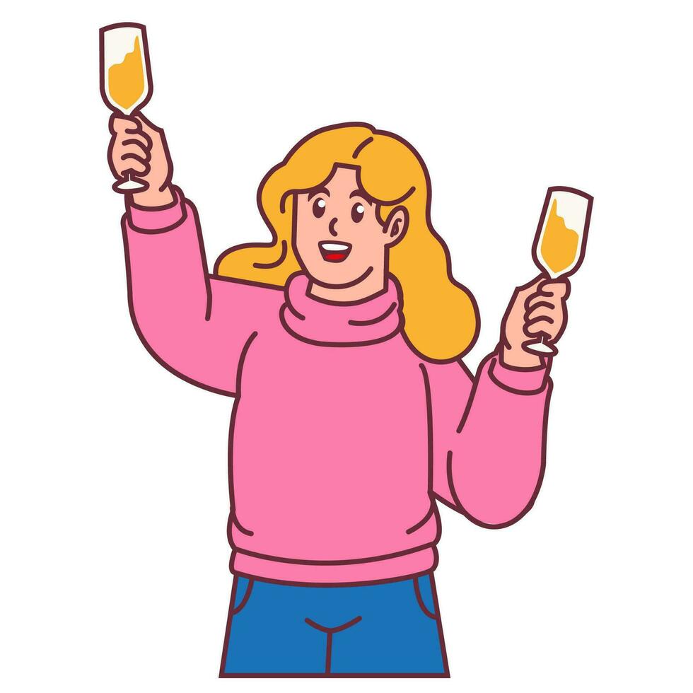 un mujer celebrando fiesta y participación vaso de champán vector