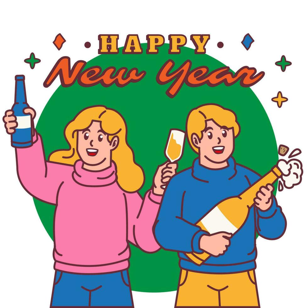 contento nuevo año alegre joven hombre y mujer con lentes de champán vector