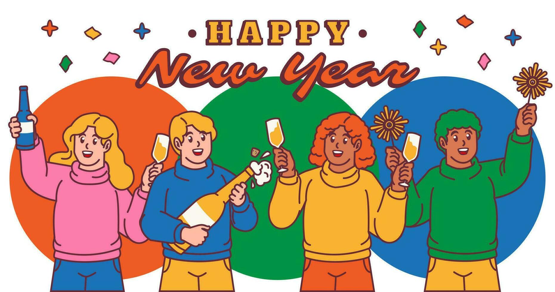 contento nuevo año grupo de personas celebrar con champán lentes y fuegos artificiales vector