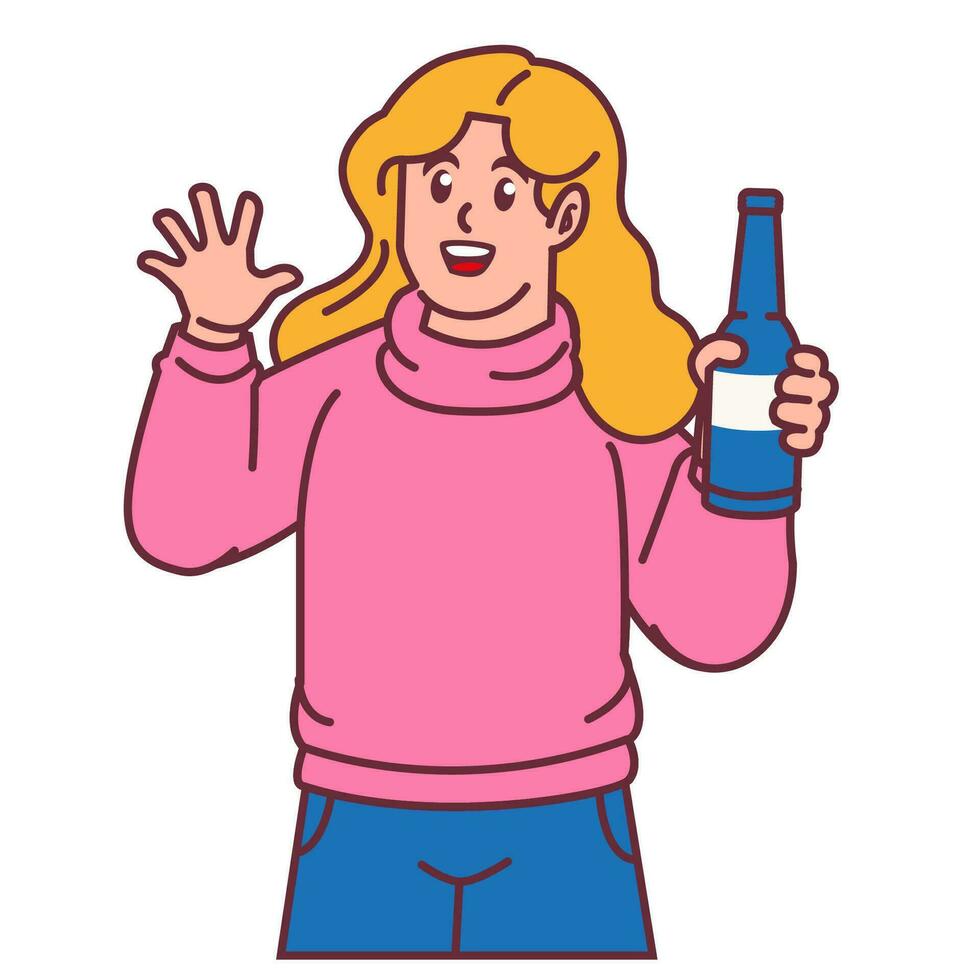 un mujer celebrando fiesta y participación botellas vector