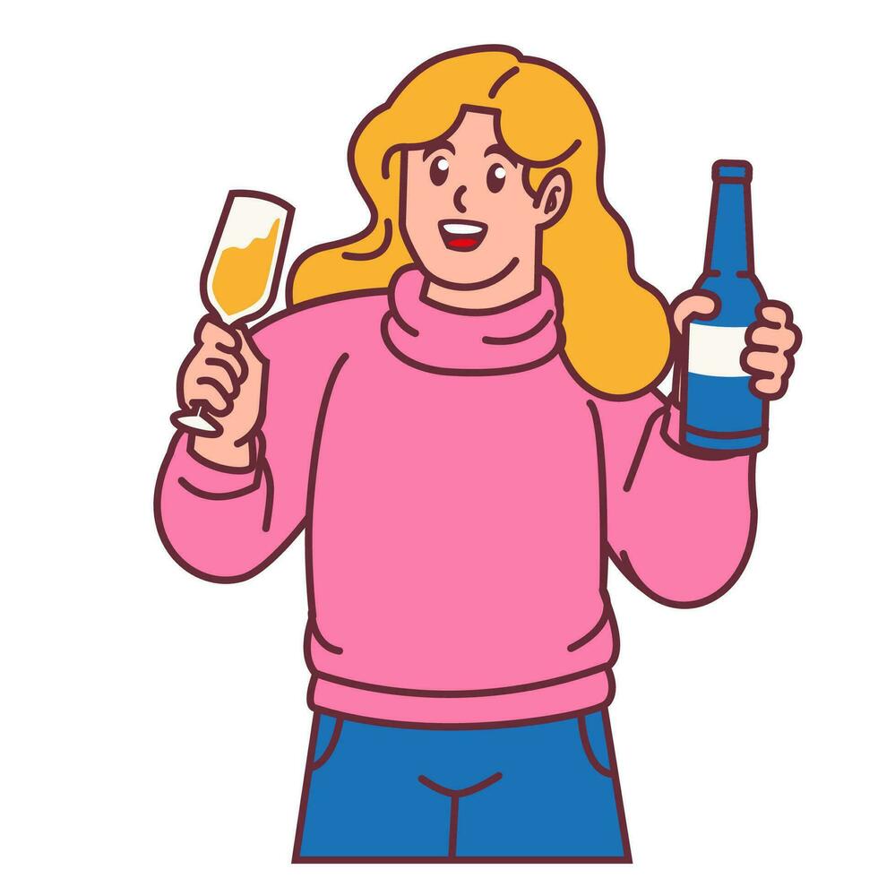 A Woman celebrating party and holding glass of champagne with bottles vector