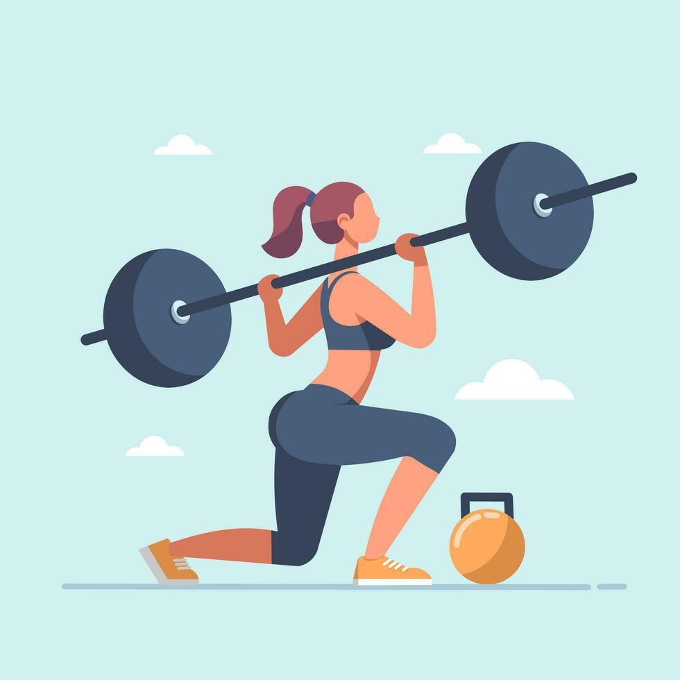 plano diseño mujer levantamiento pesas, haciendo sentar UPS con barra con pesas dibujos animados personaje, adecuado para gimnasia, Deportes, aptitud física, salud, belleza, etc. temas vector