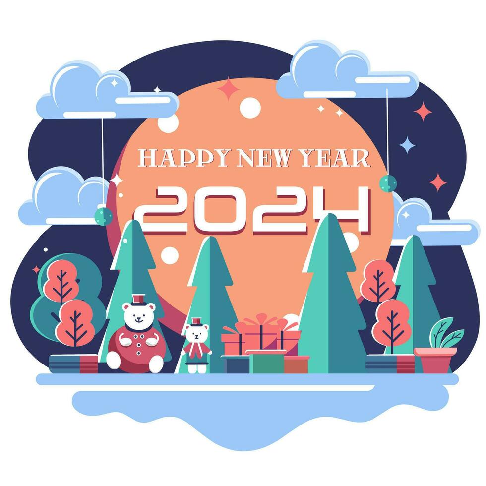 flat design, happy new year 2024, and merry Christmas, vector illustration for backdrop, welcoming New Year,