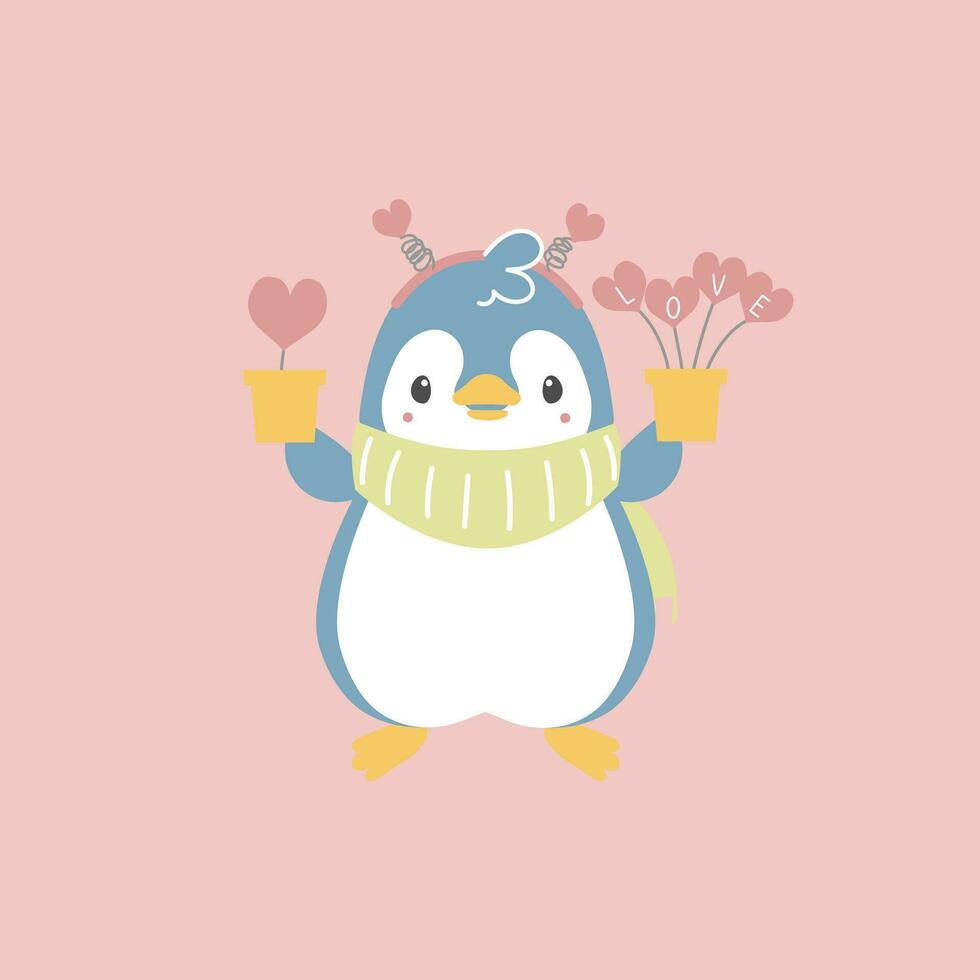 linda y encantador pingüino participación corazón forma planta, contento san valentin día, cumpleaños, amor concepto, plano vector ilustración dibujos animados personaje disfraz diseño