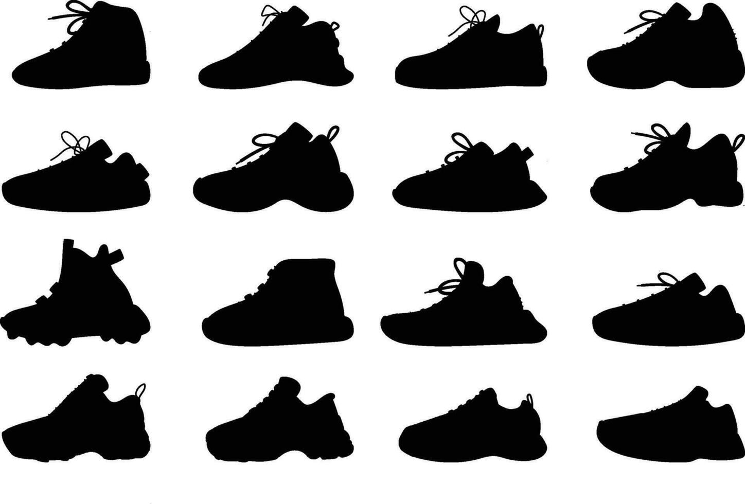 Set of isolated sneakers silhouettes for man and woman vector